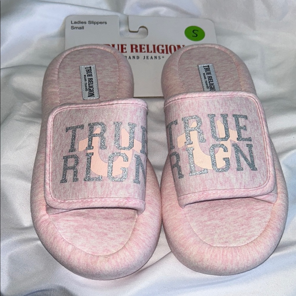 True Religion Pink And Gray Horseshoe Adjustable Strap Slide On Slippers - Picture 3 of 12